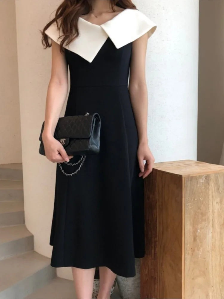 Summer Pullover Midi Dress Women Elegant Fashion Ruffle Pleated Ladies Dresses Patchwork Irregular Collar Korean Woman Dress