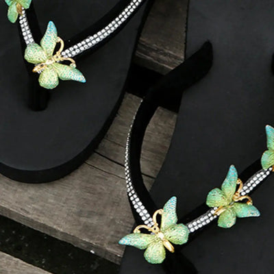 Women's Wedge Flip Flops Sandals Comfortable Sole Flip Flops Stylish Rhinestone Butterfly Wedge Flip Flops for Women Platform