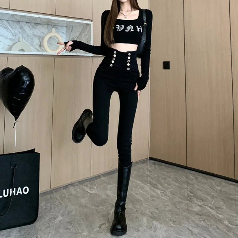 Suspender High Waist Stretch Skinny Jeans Woman 2023 Spring Autumn Ankle-Length Vintage Denim Pencil Pants Female