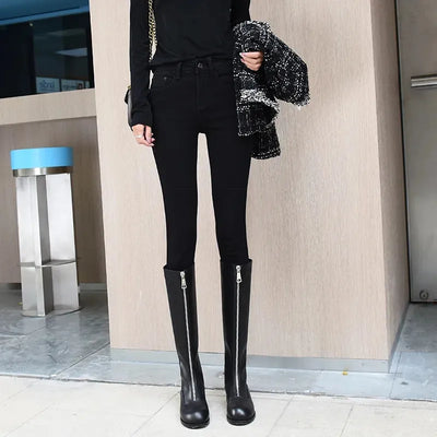 White Add Velvet Thicken Women Jeans Autumn Winter Korean Version Of Tight Pencil Pants High Waist Keep Warm Black Feet Pants