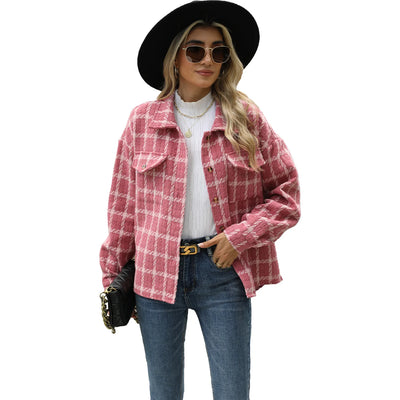 Women New Style Lapel Plaid Long Sleeve Loose Cardigan Woolen Coat for Women