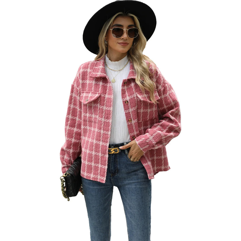 Women New Style Lapel Plaid Long Sleeve Loose Cardigan Woolen Coat for Women