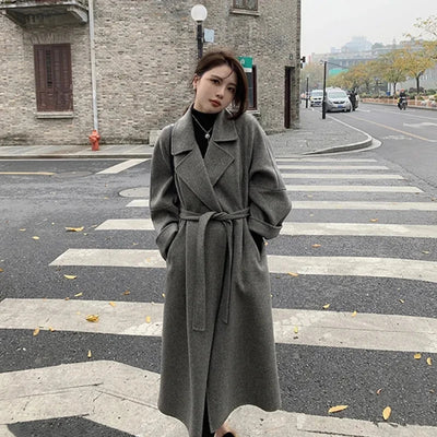 Fashion 100% Wool Coat Belt Black Woolen Long Coat For Women Oversize Loose Lapel Overcoat Autumn Lady High Street Outerwear