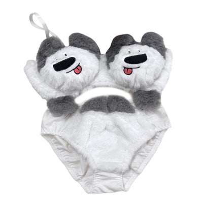 Women's Cartoon Panda Pattern Winter Lingerie Furry Plush Bra and Panty Set School Girl Japanese Anime Cosplay Underwear