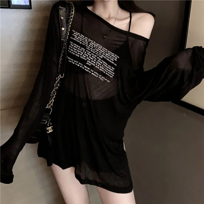 Long Sleeve T-shirts Women Tops Thin Breathable Letter Spicy Club European Style Fashion Leisure Vintage Personality New Arrival