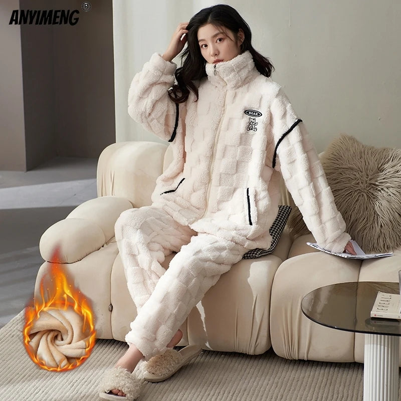 Winter Flannel Women Pajamas Zipper Lapel High-neck Sleepwear Sleepwear Thick Fluffy Loungewear Cardigan Pijamas sporty Homewear