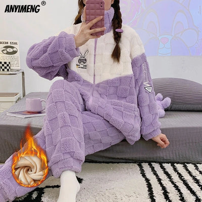 Winter Flannel Women Pajamas Zipper Lapel High-neck Sleepwear Sleepwear Thick Fluffy Loungewear Cardigan Pijamas sporty Homewear