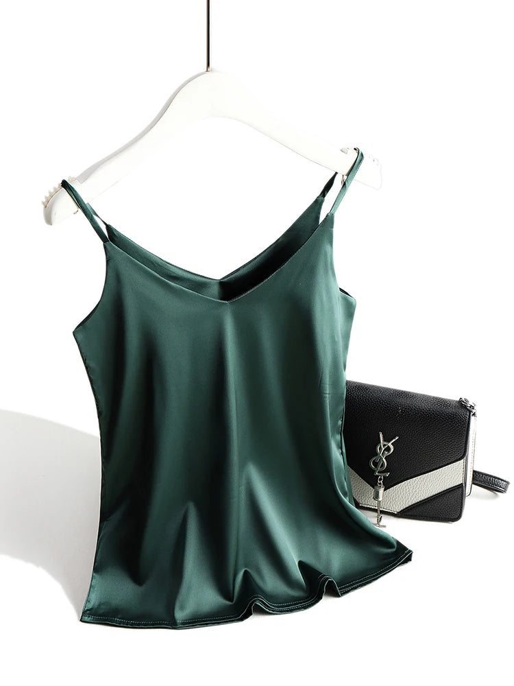 Spaghetti Strap Top Women Halter V Neck Basic White Cami Sleeveless Satin Silk Tank Tops Women&