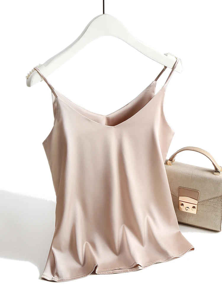 Spaghetti Strap Top Women Halter V Neck Basic White Cami Sleeveless Satin Silk Tank Tops Women&