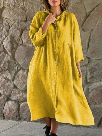 Spring Summer Women Cotton Linen Dress 2024 Fashion Loose Button Long Sleeve Shirt Dresses Solid Beach Party Pockets Dress Robe