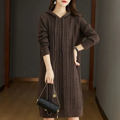 Autumn Winter Women Korean Fashion Simple Twists Hooded Sweater Dresses Elegant Chic Solid Long Sleeve Loose Knitted Midi Dress