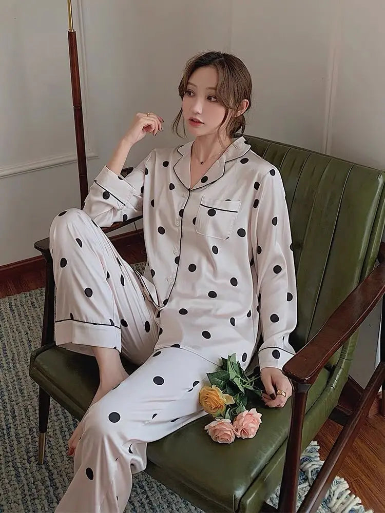 2023 Spring Autumn New Ice Silk 2 Pieces Pajamas for Women Fashion Cardigan Women&