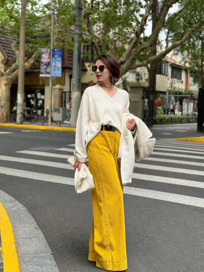 2024 Fall Winter Women Korean Streetwear Style Golden Baggy Yellow Corduroy Pants Office Wear to Work Trousers Fashion Clothes