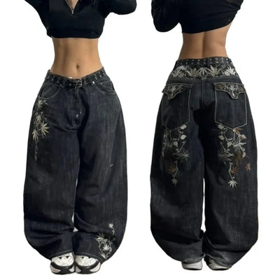 Y2K Street New Youth Fashion Embroidery Washed Casual Jeans Female 2024 Gothic Harajuku Retro Couple High Waist Wide Leg Pants