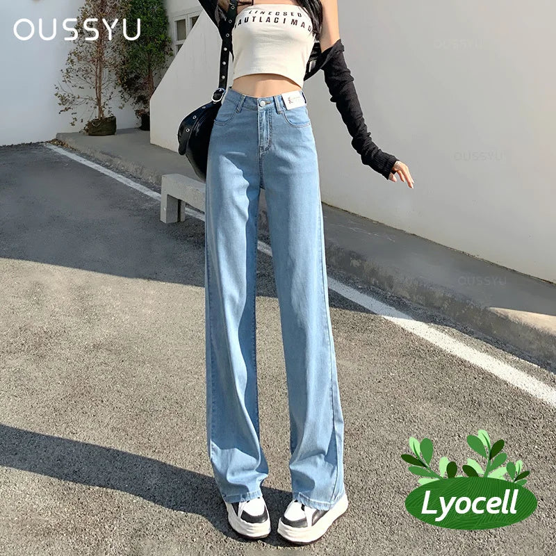 Summer Lyocell Jeans Women Blue Black High Waisted  Straight Wide Leg Denim Y2k Pants Streetwear Loose Casual Female Clothing