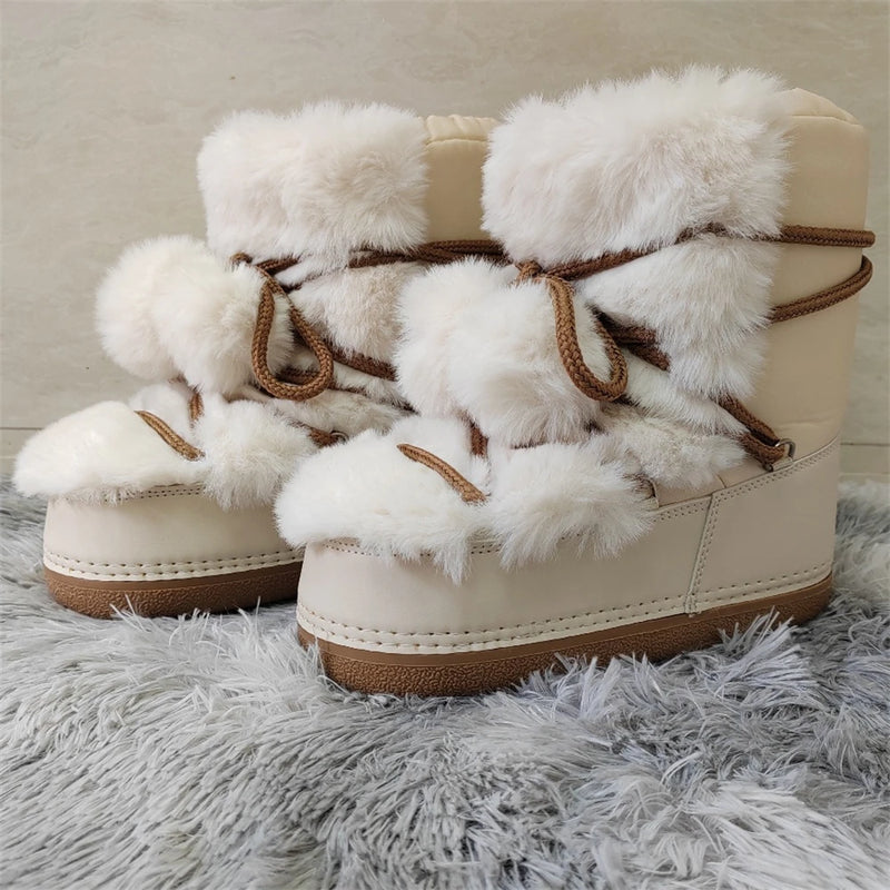 Faux Fur Boots for Women Warm Comfortable Woman Ski Boots 2024 Winter Middle Claf Lace-up Waterproof Platform Snow Boots Black