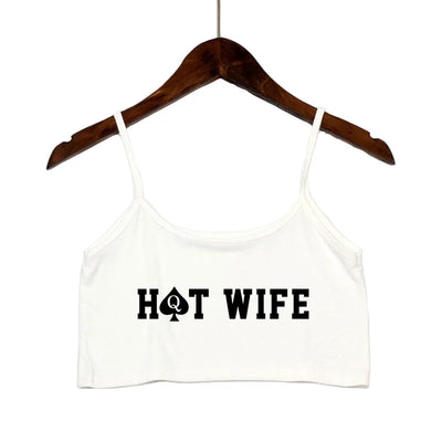 Fashion Women's Sexy Elastic Cotton Camis HOT WIFE Letters Print Female Sexy Crop Top Sleeveless Short Girls Tank Top Bar Women