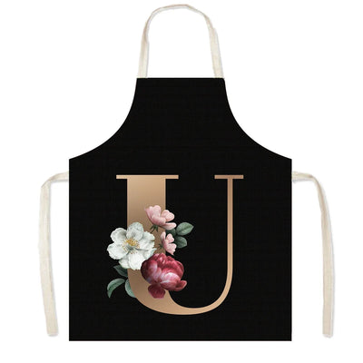 26 Initials Flower Print Kitchen Apron A-Z Letter Women Cooking Aprons BBQ Chef Waiter Home Baking Cleaning Tool Pinafore