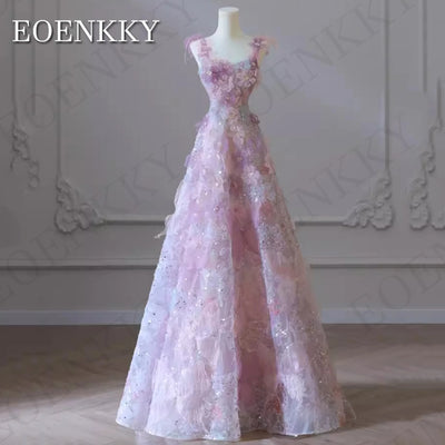 EOENKKY Exquisite 3D Flowers Prom Dresses Glitter Sequin A Line Spaghetti Strap Wedding Party Dress فساتين سهره فاخره Customized