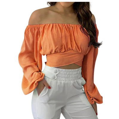 Sexy Slash Neck Backless Long Lantern Sleeve Floral Print Blouse Tops Summer Women Criss Cross Bandage Cropped T Shirt Tops