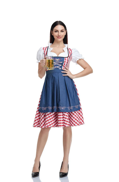 Traditional Bavarian Oktoberfest Costumes Plaid Dirndl Dresses Women Apron Dress German Beer Wench Maid Cosplay Party Dress