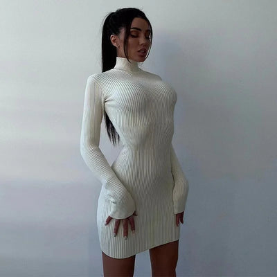 2024 New Autumn Knitted Turtleneck Dress Women Long Sleeve Bodycon Midi Dresses Female Elegant Fashion Solid Color Skinny Dress