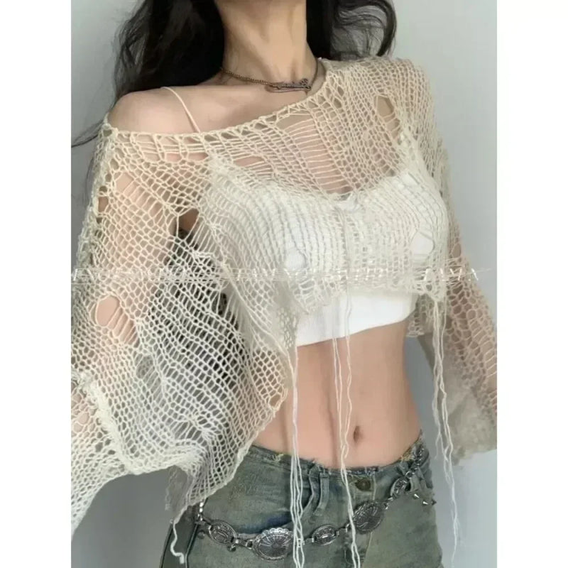 Sexy White Slash Neck Grunge Knitted Women&