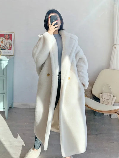 Milk White Teddy Coat Silhouette Alpaca Fur Medium Long Teddy Fur Coat for Women