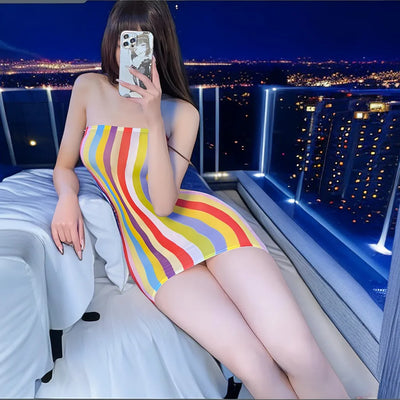 Sexy Dress Rainbow Stripe Shoulderless Temptation Tight Wrapped Hip Short Skirt Casual women's dresses Women's summer dress xxx