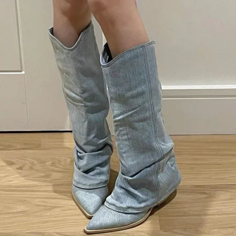 Women Pleats Blue Denim Thigh High Boots Autumn New Thick Heeled Pointed Toe Cowboy Boots Woman Slip On Western Long Boots