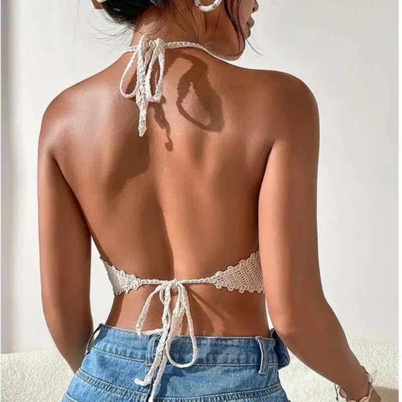 Tassel Crop Tops Retro Wild Hollow Perspective Sexy Spaghetti Strap Tanke Top Women Built In Bra New Back Lace Halter Neck