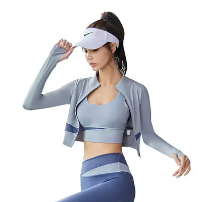 Women Yoga Patchwork 3 Piece Set Fitness Gym Coats+Bra+Leggings Workout Running Sportswear Clothing Tracksuit Ensemble Femme