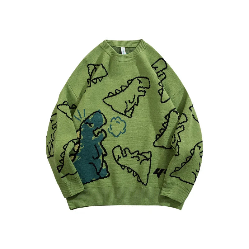 Abfer Autumn Oversize Cardigan Men Knitted Dinosaur Sweater Streetwear Loose Male Women Coat 2021 Doodle Hip Hop Pattern Winter