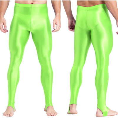 Mens Glossy Sports Pants Stirrup Leggings High Waist Elastic Waist Tights Gym Workout Pants Tummy Control Yoga Fitness Pants