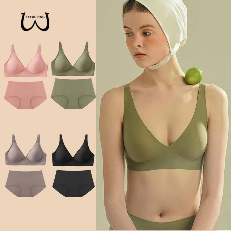 ZXYOUPING Invisible Seamless Bra and Panties No Wires Jelly Muscle Bra Comfortable Underwear Set for Women