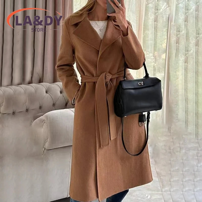 Woolen Coat High Quality 2024 Women Fashion Loose Lace-Up Female Solid Color Casual Long Sleeve Pockets Outerwear