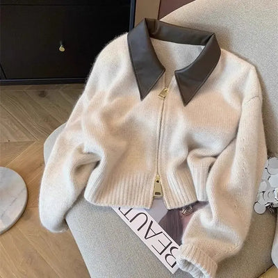 Spliced Leather Collar Knit Sweater Fashion Double Zipper Cardigan Women's Autumn/Winter New Soft Vintage Long Sleeve Streetwear