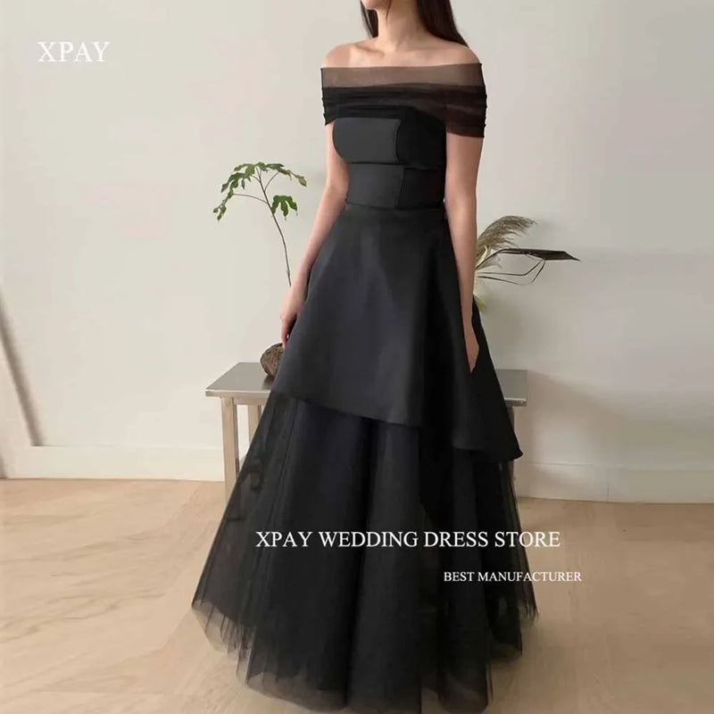 OLOEY Simple Black Satin Evening Dress Korea Photoshoot Party Dress Strapless Tiered Solid Color Prom Gown Wedding Party Dress