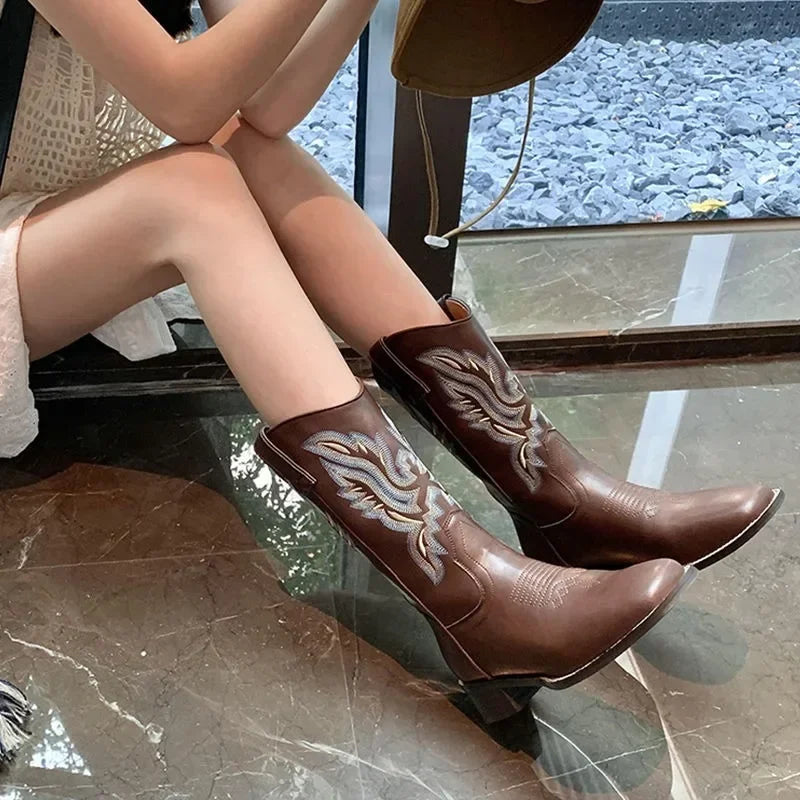 Winter Vintage Brown Women Boots Cowboy Boots Women 2024 Embroidered Square Toe Brown Long Boots Chunky Mid Calf Women Shoes