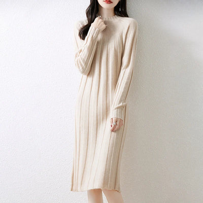 100% Merino Wool Women's Knitted Dress, Crew Neck, Stripes, Casual, Fashionable, Warm, Mid-Length, Autumn/Winter 2024