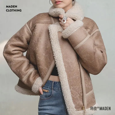 MADEN Women Imitation Lamb Fur Leather Jacket 2024 Autumn Winter Long Sleeve Turn-down Collar Warm Thick Coat Bomber Jacket