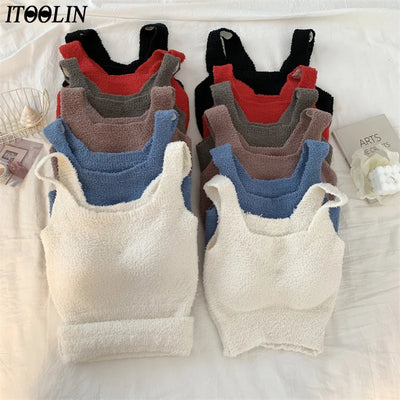 ITOOLIN Winter Sexy Women Cashmere Warm Camis With Bra Pad Knitting Thick Tank Tops Sweet Tops For Women Plush Camisole