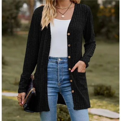 Autumn New Women's Milled Pit Stripe V-Neck Solid Colour Button Long Sleeve Ladies Casual Extensions Cardigan Jacket Coat