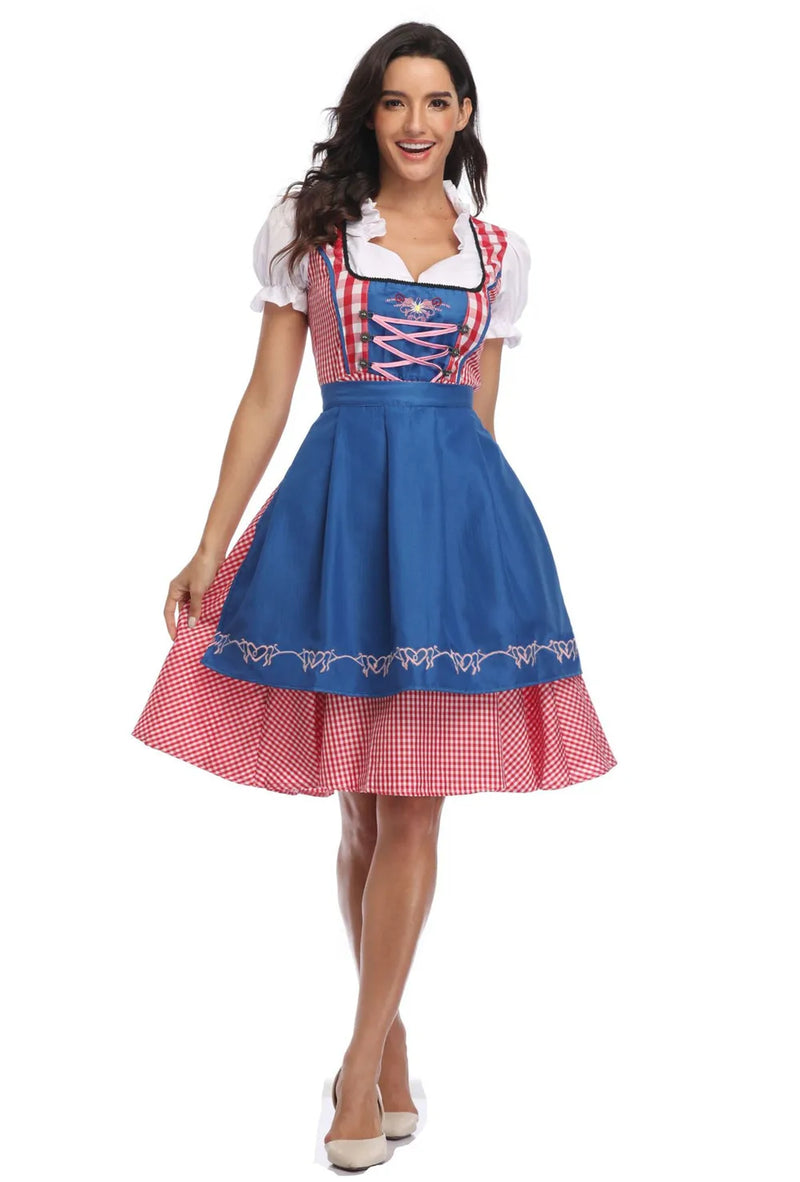 Traditional Bavarian Oktoberfest Costumes Plaid Dirndl Dresses Women Apron Dress German Beer Wench Maid Cosplay Party Dress