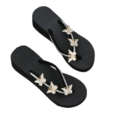 Women's Wedge Flip Flops Sandals Comfortable Sole Flip Flops Stylish Rhinestone Butterfly Wedge Flip Flops for Women Platform
