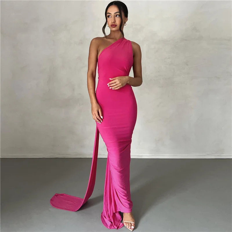 2023 New Fashion Elegant Maxi Dress for Women Sexy One Shoulder Bodycon Slim Pleated Solid Backless Dresses Party Club Clothes