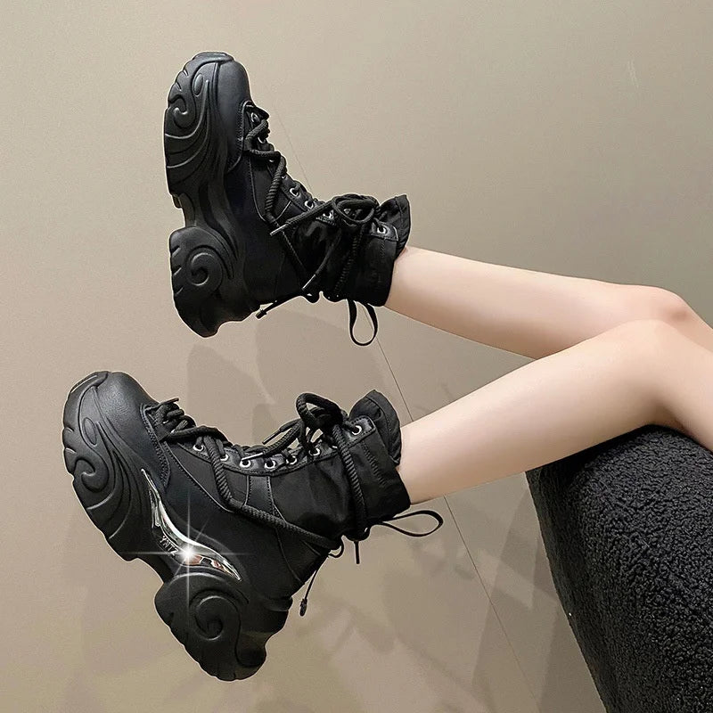 Women Ankle Boots Autumn Chunky Shoes Woman High Platform Breathable Sneakers Thick Sole Wedges Motorcycles Boots