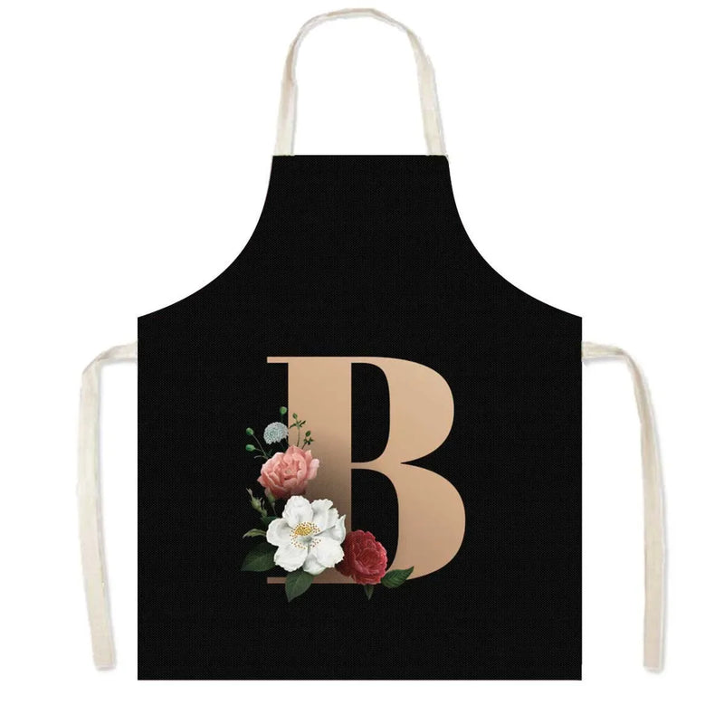 26 Initials Flower Print Kitchen Apron A-Z Letter Women Cooking Aprons BBQ Chef Waiter Home Baking Cleaning Tool Pinafore