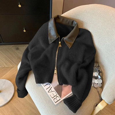 Spliced Leather Collar Knit Sweater Fashion Double Zipper Cardigan Women's Autumn/Winter New Soft Vintage Long Sleeve Streetwear