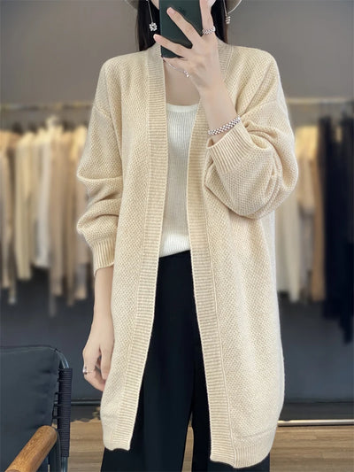 ADDONEE Women Long Cardigan Autumn Winter Cashmere Sweater Casual Loose Style Coat 100% Merino Wool Knitwear Korean Fashion Tops